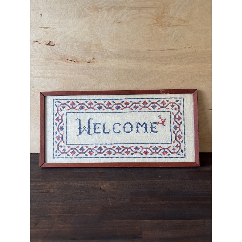 Welcome Cross Stitch Framed 18.5' x 9' Red Blue Cottagecore Grandma Vintage